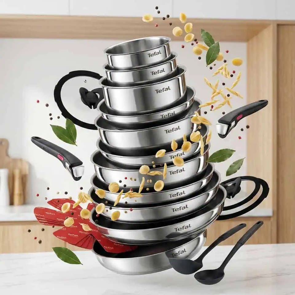 Tefal advertising with a flying set of pans and pasta.