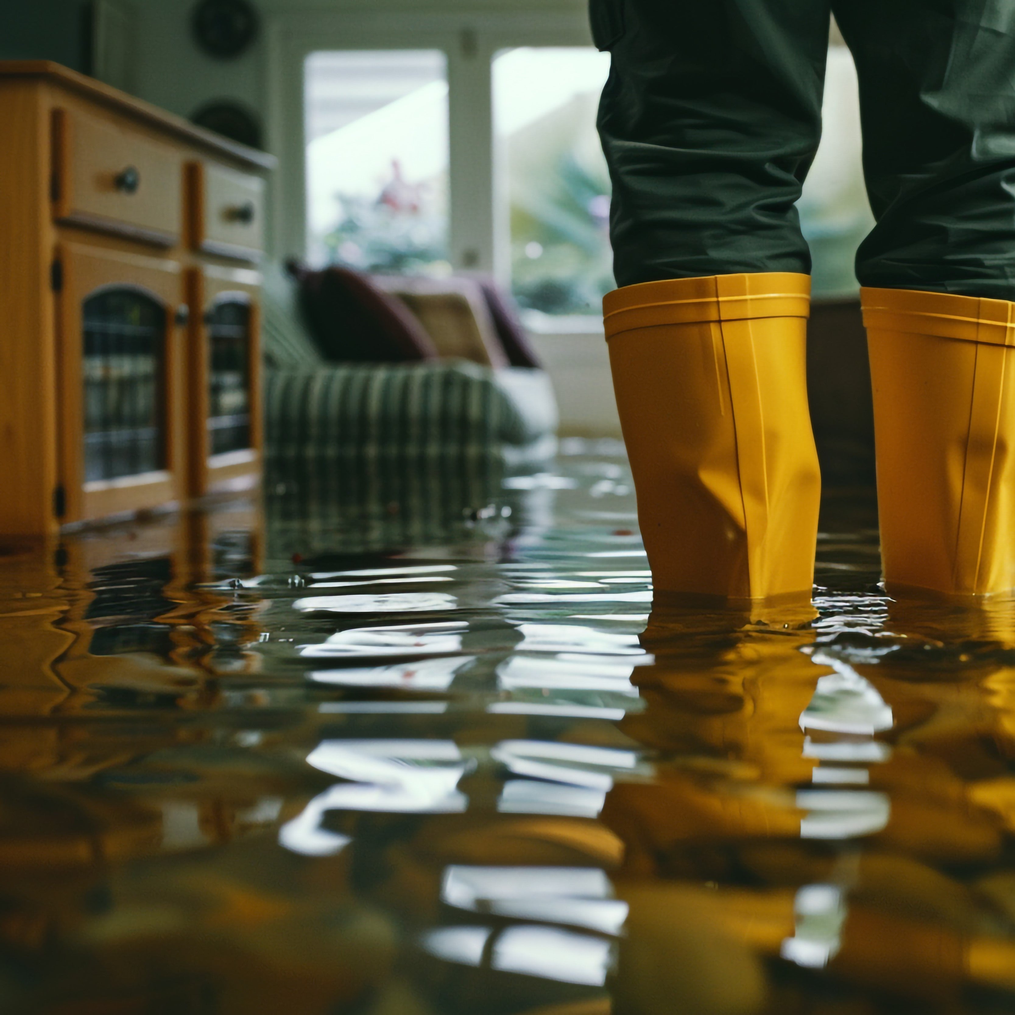 Laarzen in overstroomde woonkamer