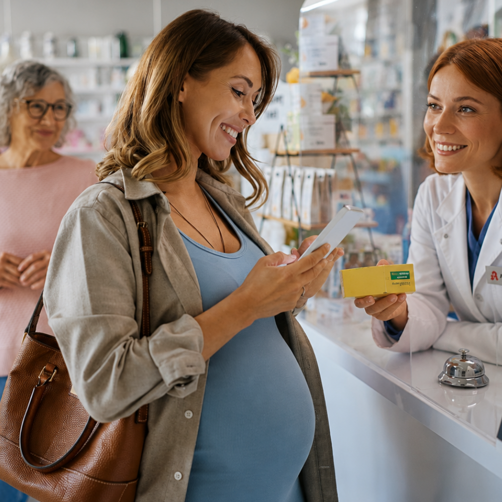 Schwangere Frau in der Apotheke