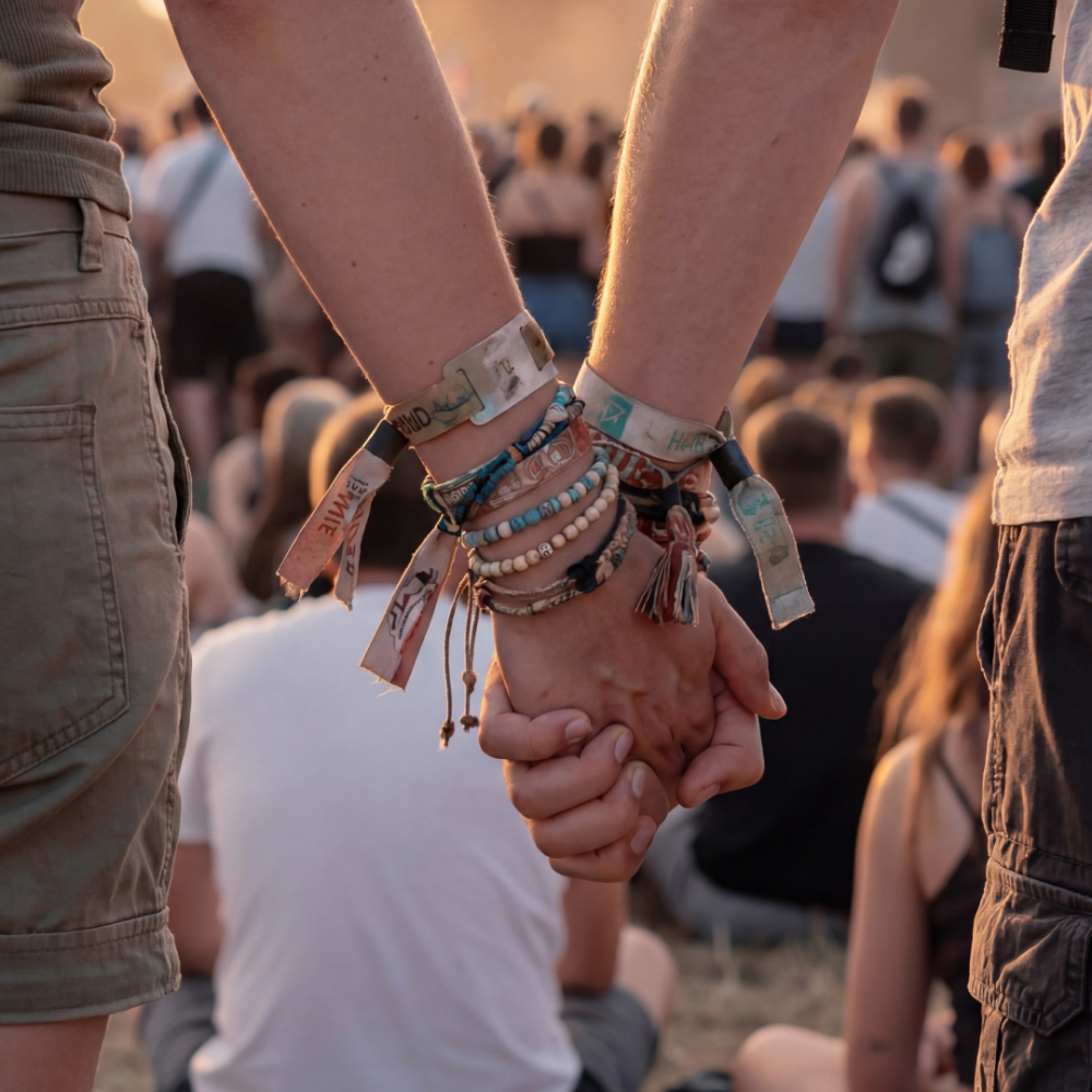 Zwei Personen halten Händchen am Festival