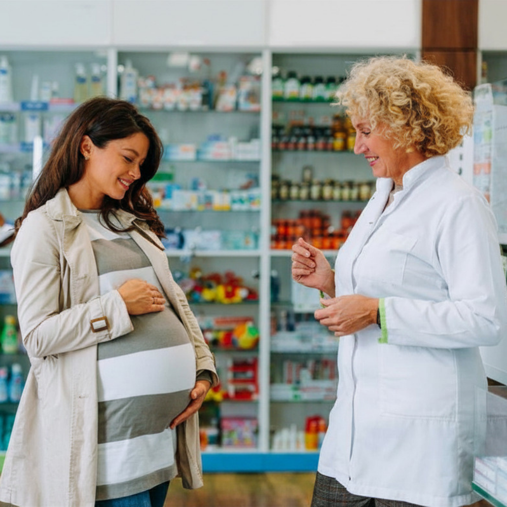 Apothekerin berät eine schwangere Frau in der Apotheke