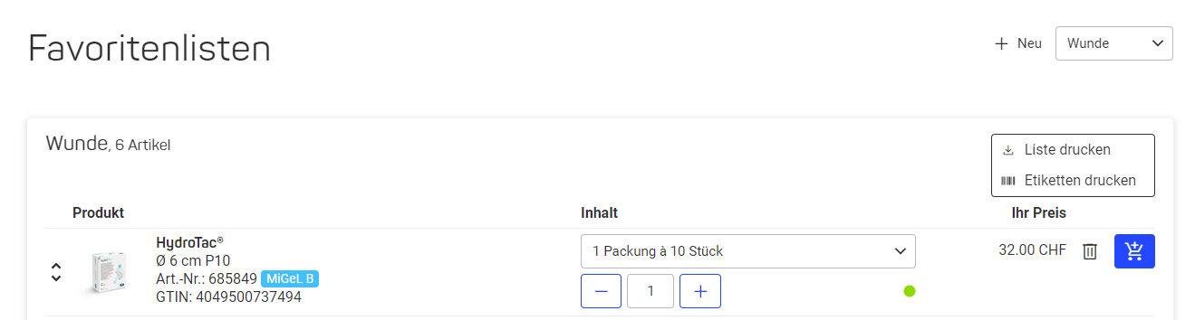 Etiketten drucken aus Favoritenliste - Ansicht 