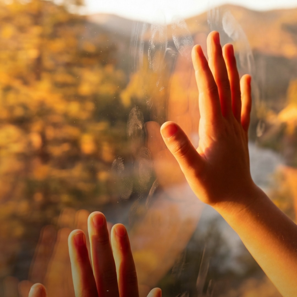 Kinderhände auf dem Fenster eines Zugs