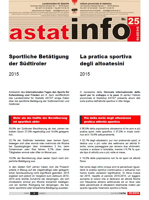 ASTAT Sportliche Betätigung der Südtirolerinnen und Südtiroler 2015