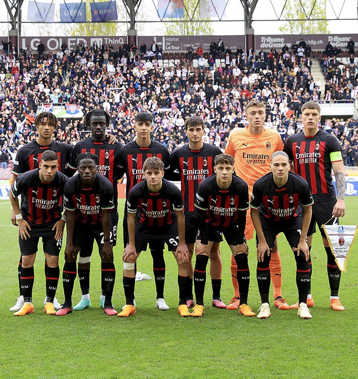 Geneva, Switzerland, 21st April 2023. The Hajduk Split starting eleven line  up for a team photo prior to kick off, back row ( L to R ); Jere Vrcic,  Mate Antunovic, Ante