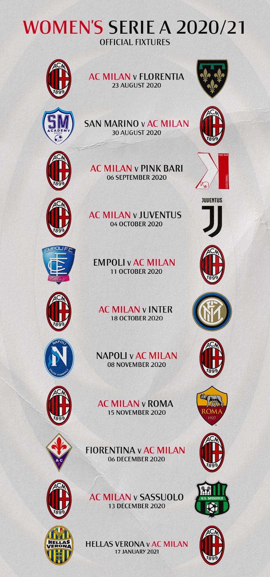 Prestige Gamle tider Aftale Women's Serie A 2020/21: schedule | AC Milan