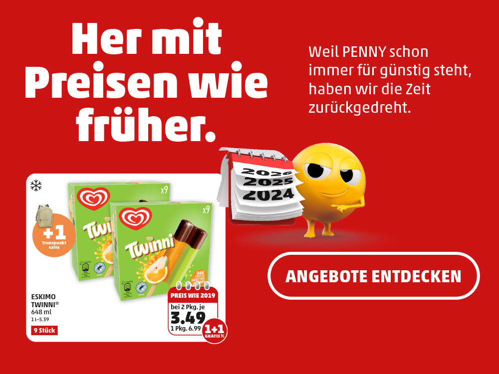 Her mit Preisen wie früher! Weil PENNY schon immer für günstig steht, haben wir die Zeit zurückgedreht! Jetzt viele Preise wie früher in unseren Filialen von morgen entdecken.