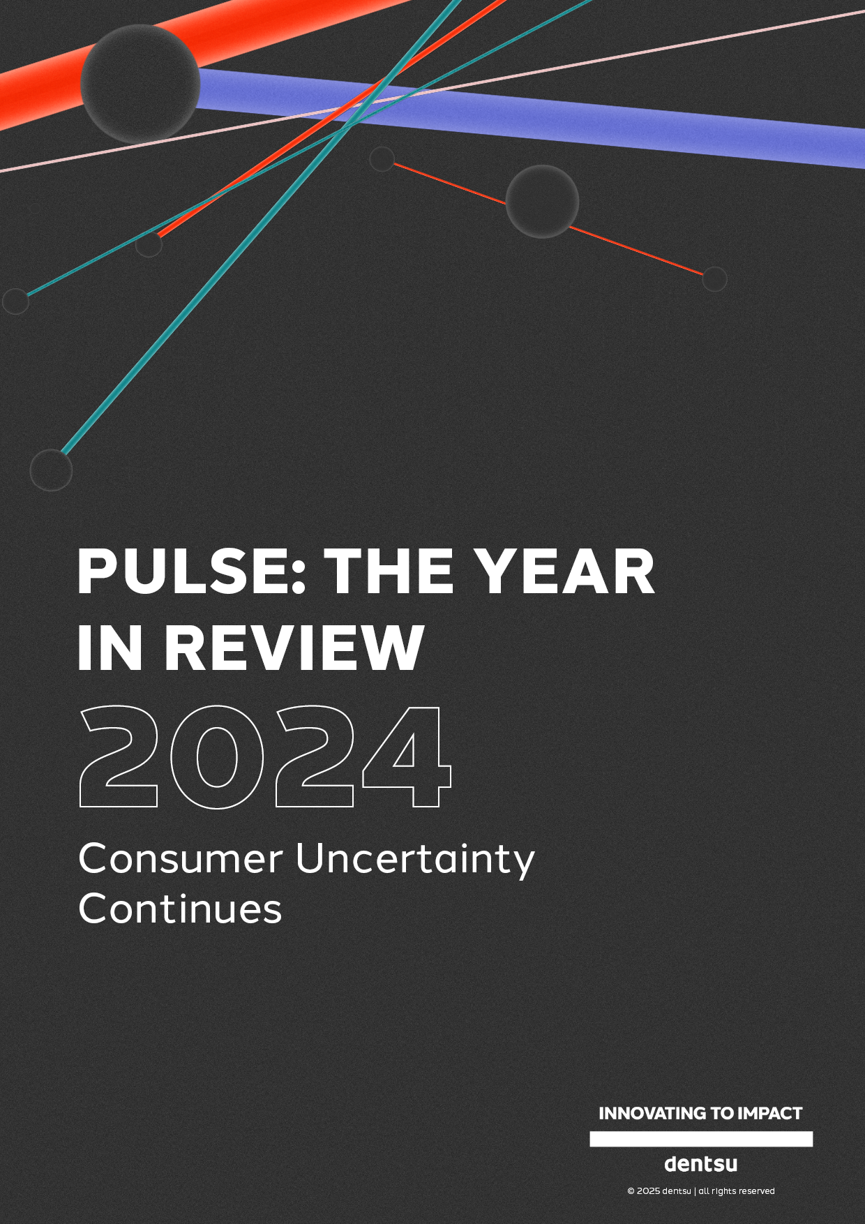 Cover design for the 'Pulse: Year in Review 2024' report by dentsu. Subheading reads 'Consumer Uncertainty Continues.' Bottom right corner features the dentsu logo and the tagline 'Innovating to Impact.'