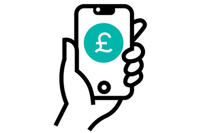 A pictogram of a hand holding a mobile phone with a pound sign on it