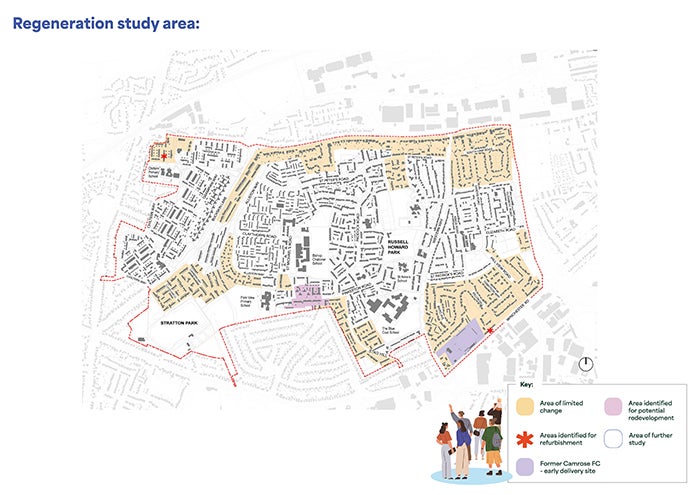 Map showing the regeneration study area, highlighting areas of limited change, potential redevelopment, refurbishment opportunities, and locations identified for further study.