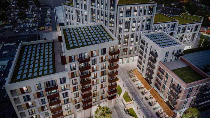 CGI image of the top of modern apartment blocks with balconies