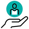 Pictogram depicting a hand supporting a person icon
