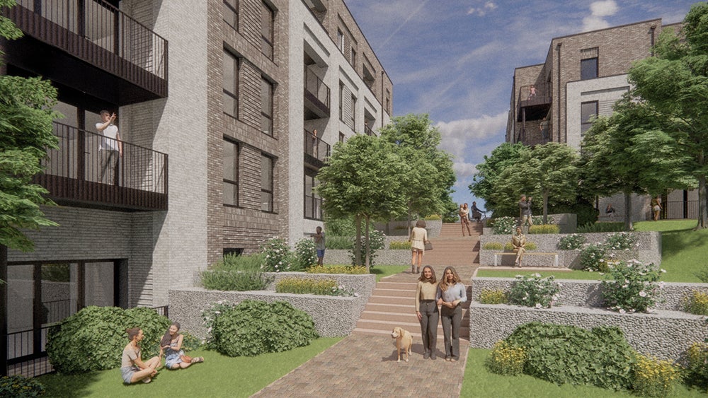 Bath Road - Indicative CGI showing the ‘social spine’ as viewed from Bath Road with Block A on the left