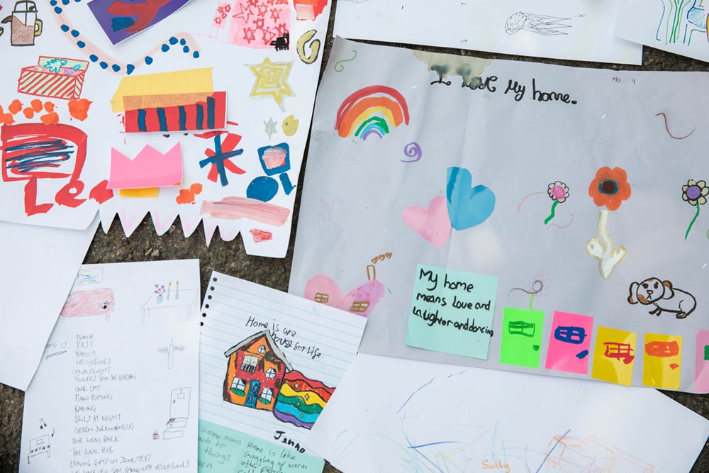 A selection of artwork from a community painting event