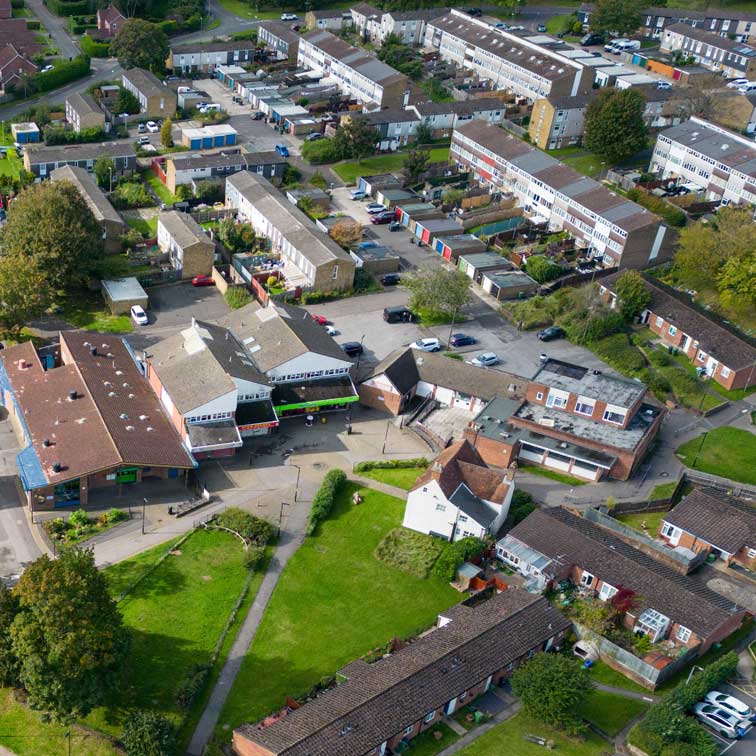 Aerial view of Buckskin neighbourhood with homes and green spaces