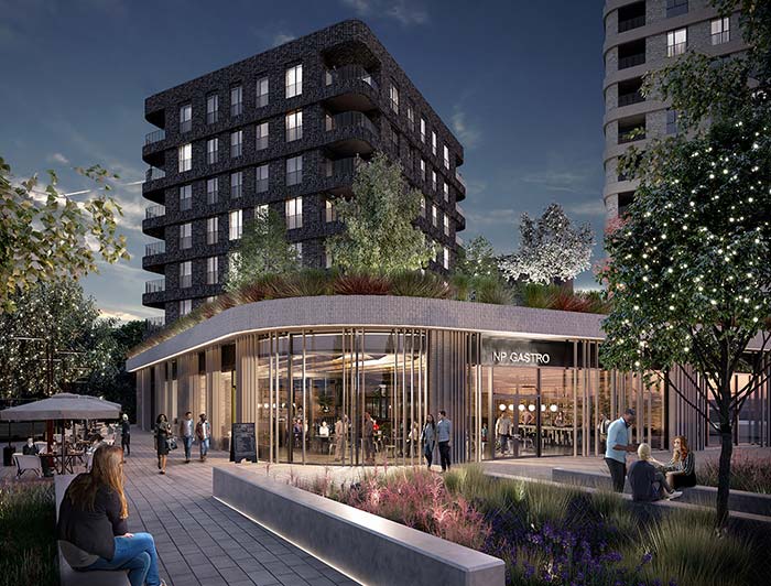 CGI image of a modern apartment block with a restaurant underneath it