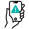 A pictogram of a mobile phone being held, with an alert on it