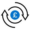 Recurring payment or refund icon showing a pound sterling symbol enclosed by circular arrows.