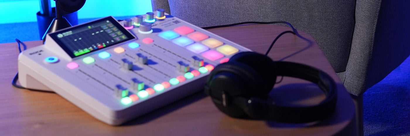 A pair of headphones and mixing deck