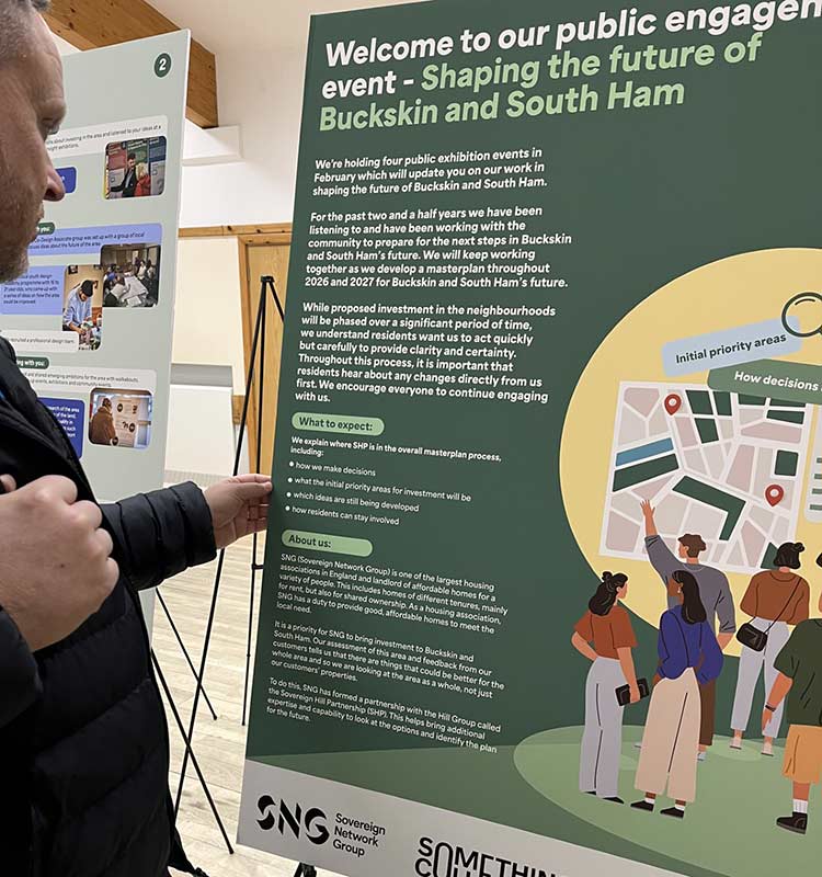 Community engagement display board at a public consultation event.