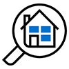 Pictogram of a magnifying glass spotlighting a home
