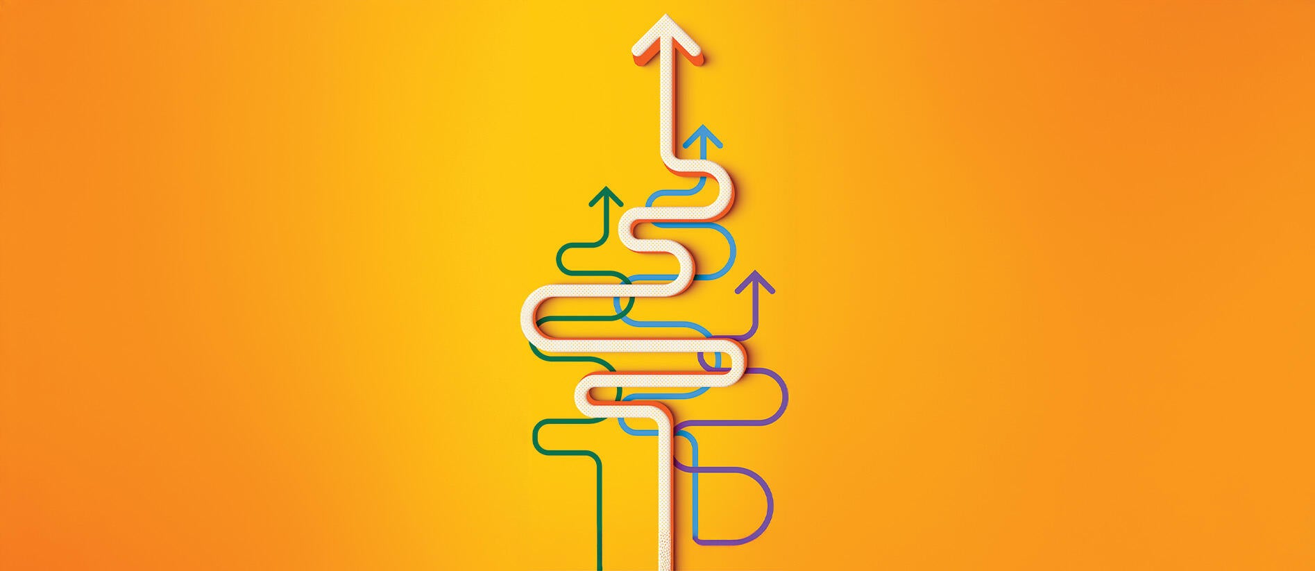 An illustration on a bright yellow background featuring a thick white arrow snaking vertically upward, surrounded by winding green, blue, and purple arrows.