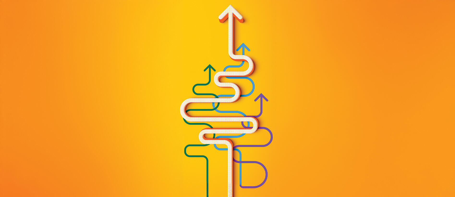 An illustration on a bright yellow background featuring a thick white arrow snaking vertically upward, surrounded by winding green, blue, and purple arrows.