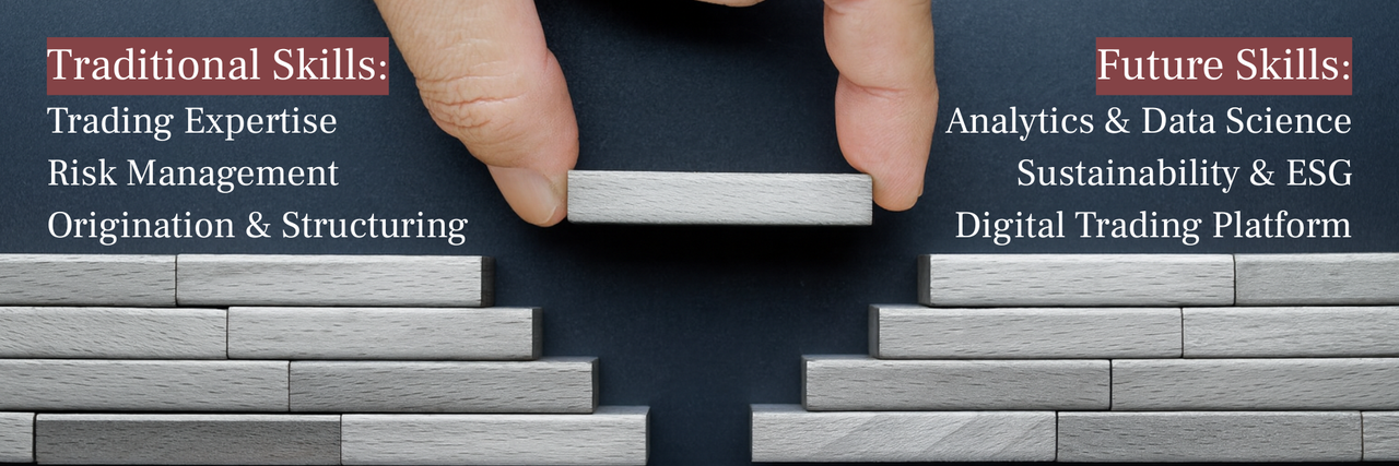 Skills gap in commodity trading talent: traditional skills (trading expertise, risk management, origination) vs future skills (analytics, ESG, digital trading).