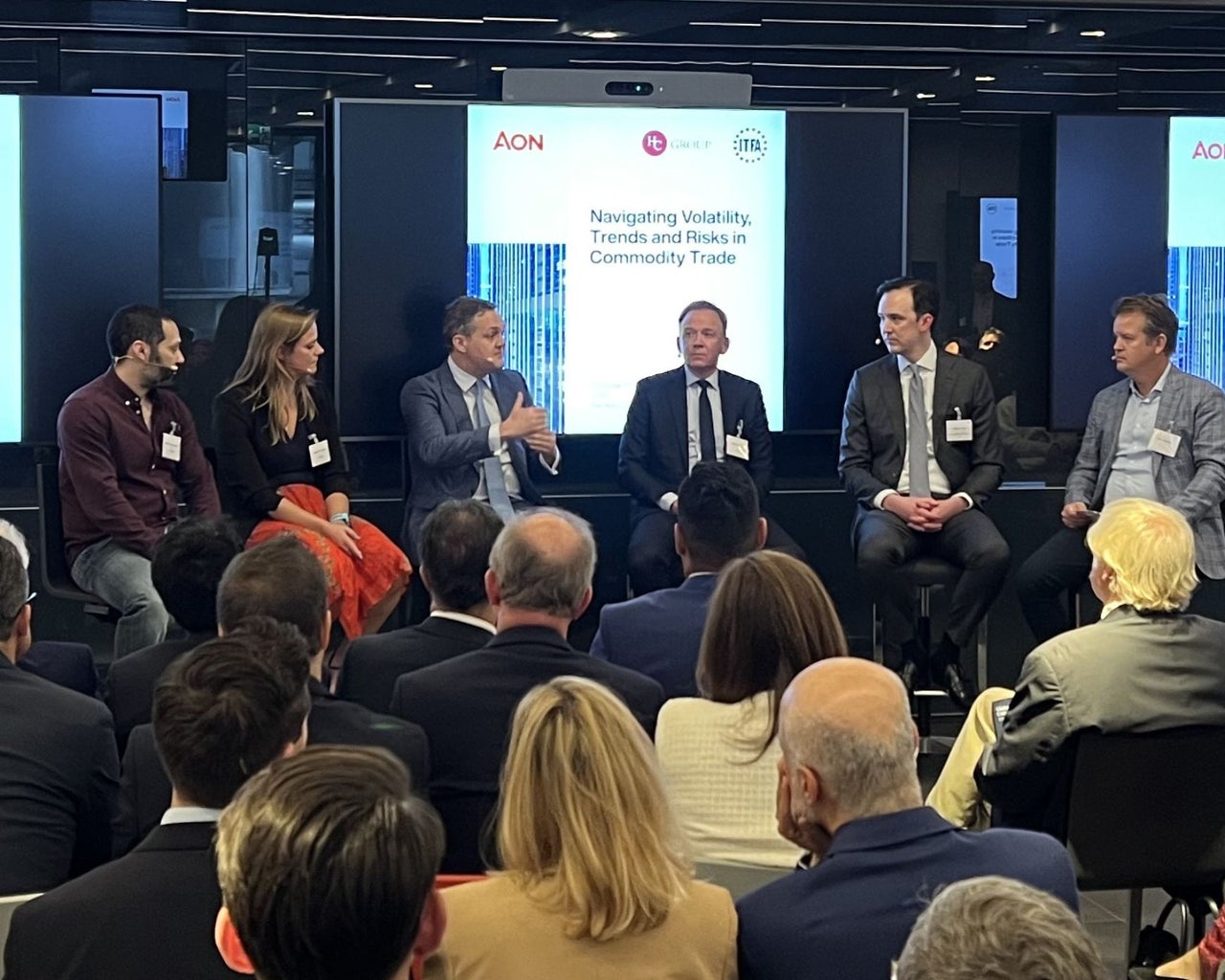 The HC Commodities Podcast Live Event. From left to right: Khushroo Pochkhanawalla, Marieke Franssen, Matthew Chamberlain, Stuart Lawson, William Tully and podcast host, Paul Chapman