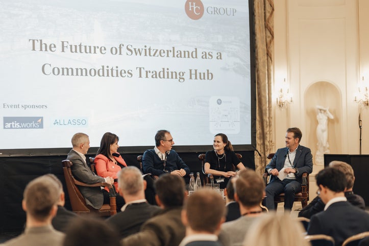 From left to right: Simon Collins, CEO, Tradecloud, Florence Schurch, Secretary General, SUISSENÉGOCE, Ivo Sarjanovic, Professor, University of Geneva, Sarah Hunt, Partner, HFW, and Paul Chapman, Managing Partner, HC Group.
