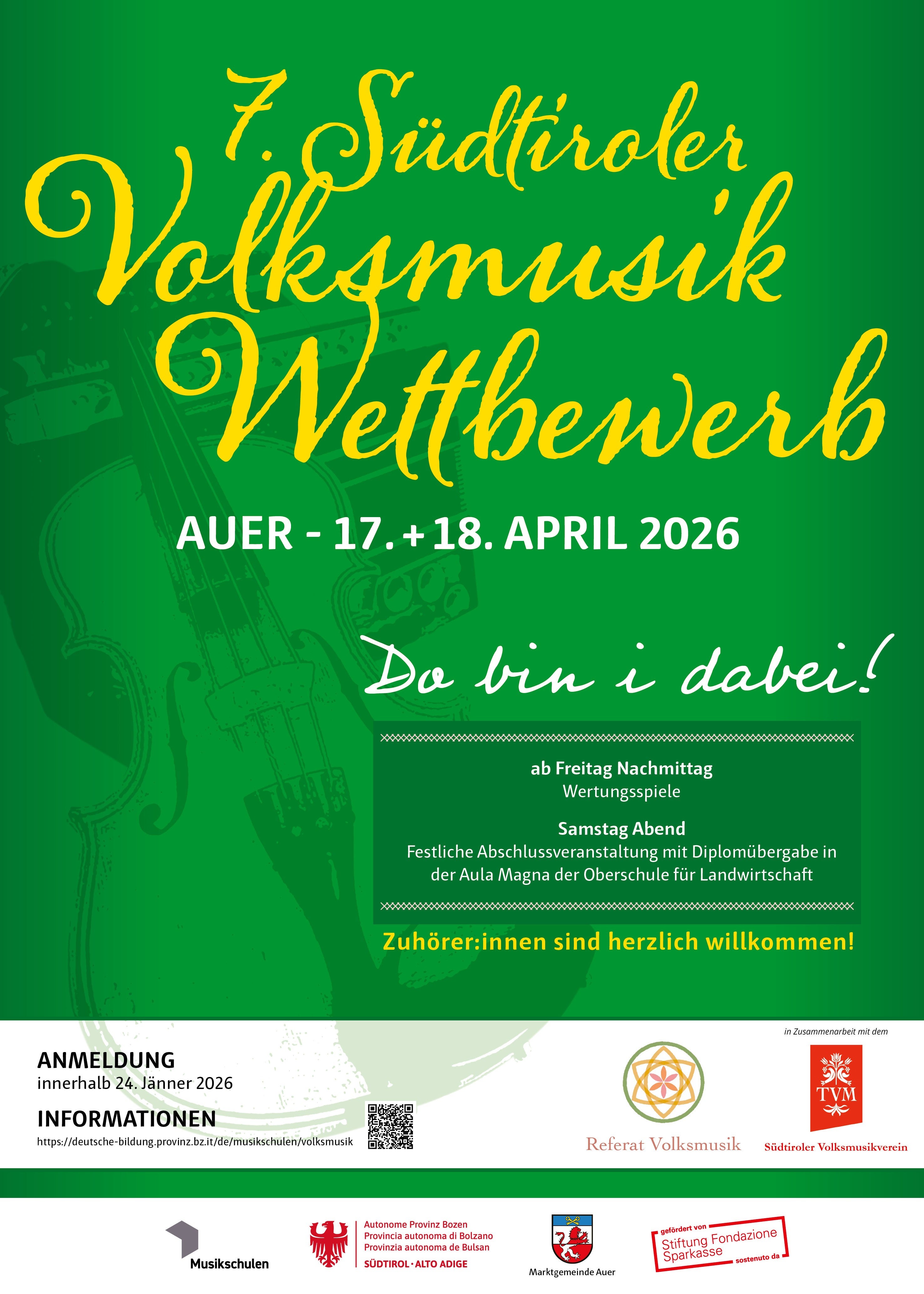 Plakat des 7. Südtiroler Volksmusikwettbewerbs am 17. - 18. April 2026 in Auer.
