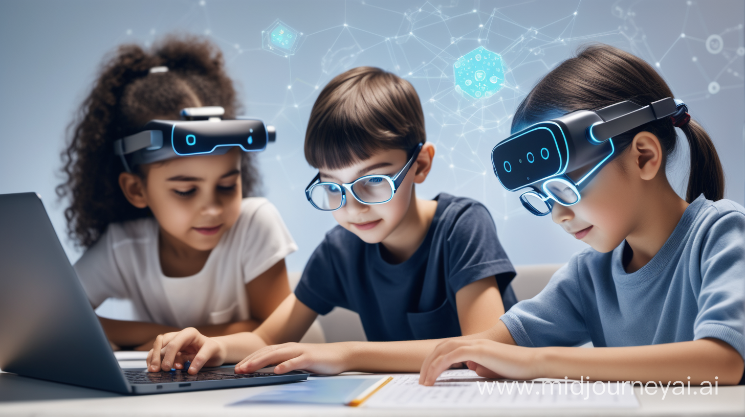 Erzeugt mit midjourneyai.ai - prompt: Children using AI-Tools to study (2023-12-15)