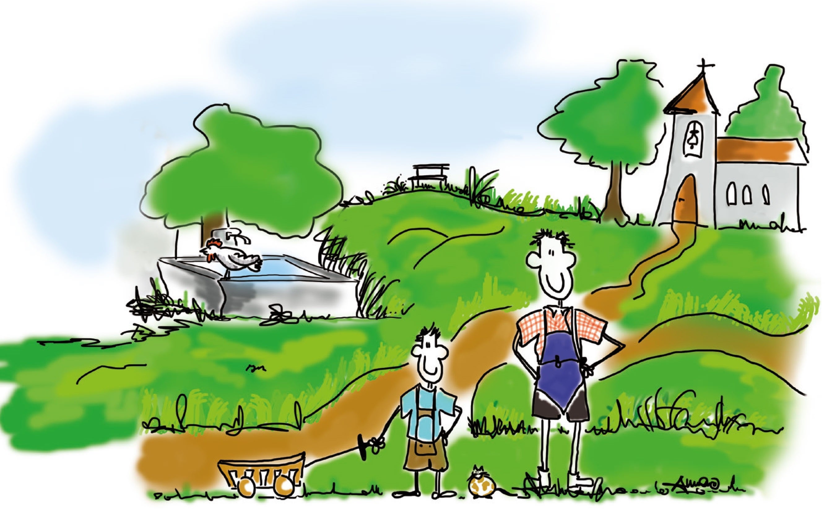 Der Bauer mit blauem Schurz und sein Sohn in Lederhose stehen vor einer Kirche im Grünen.