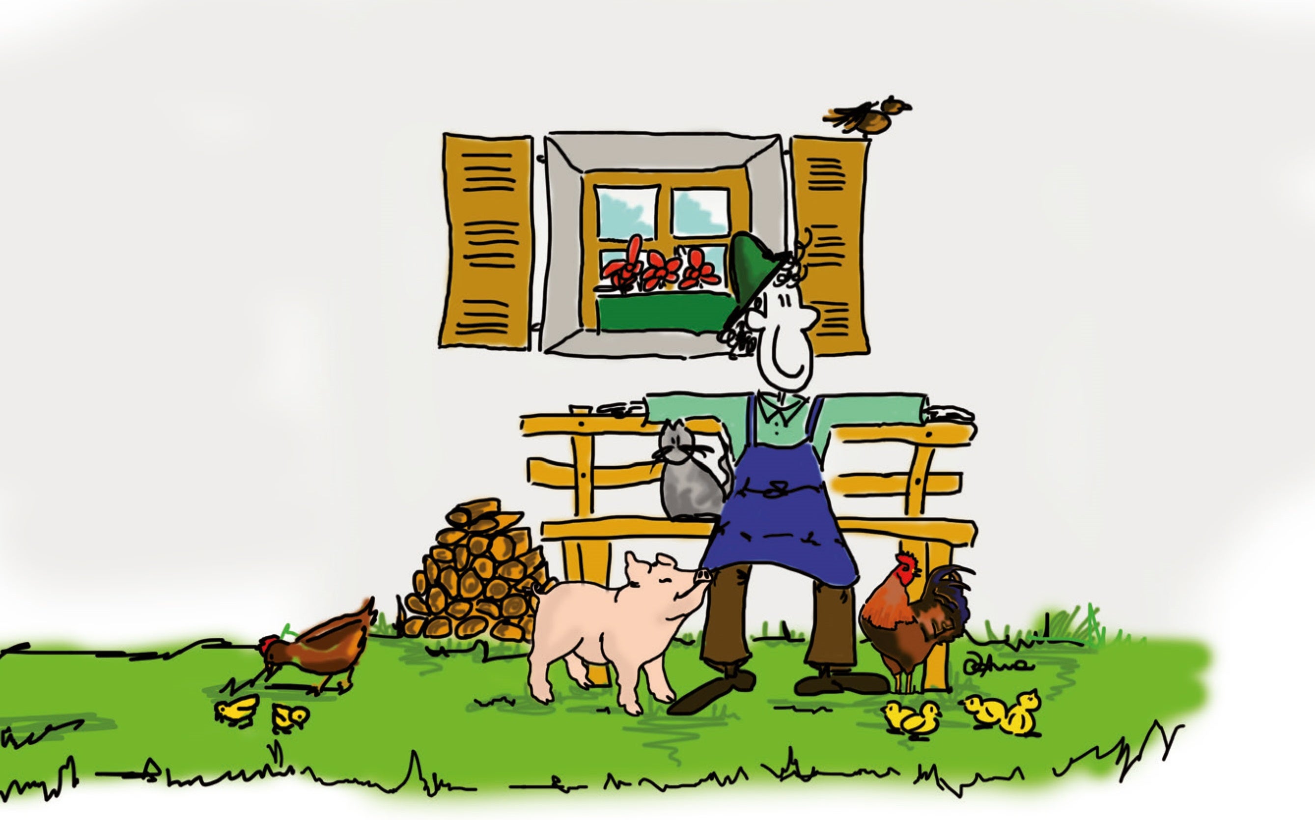 Der Bauer mit blauem Schurz sitzt auf einer Bank vor dem Fenster, umgeben von verschiedenen Tieren.