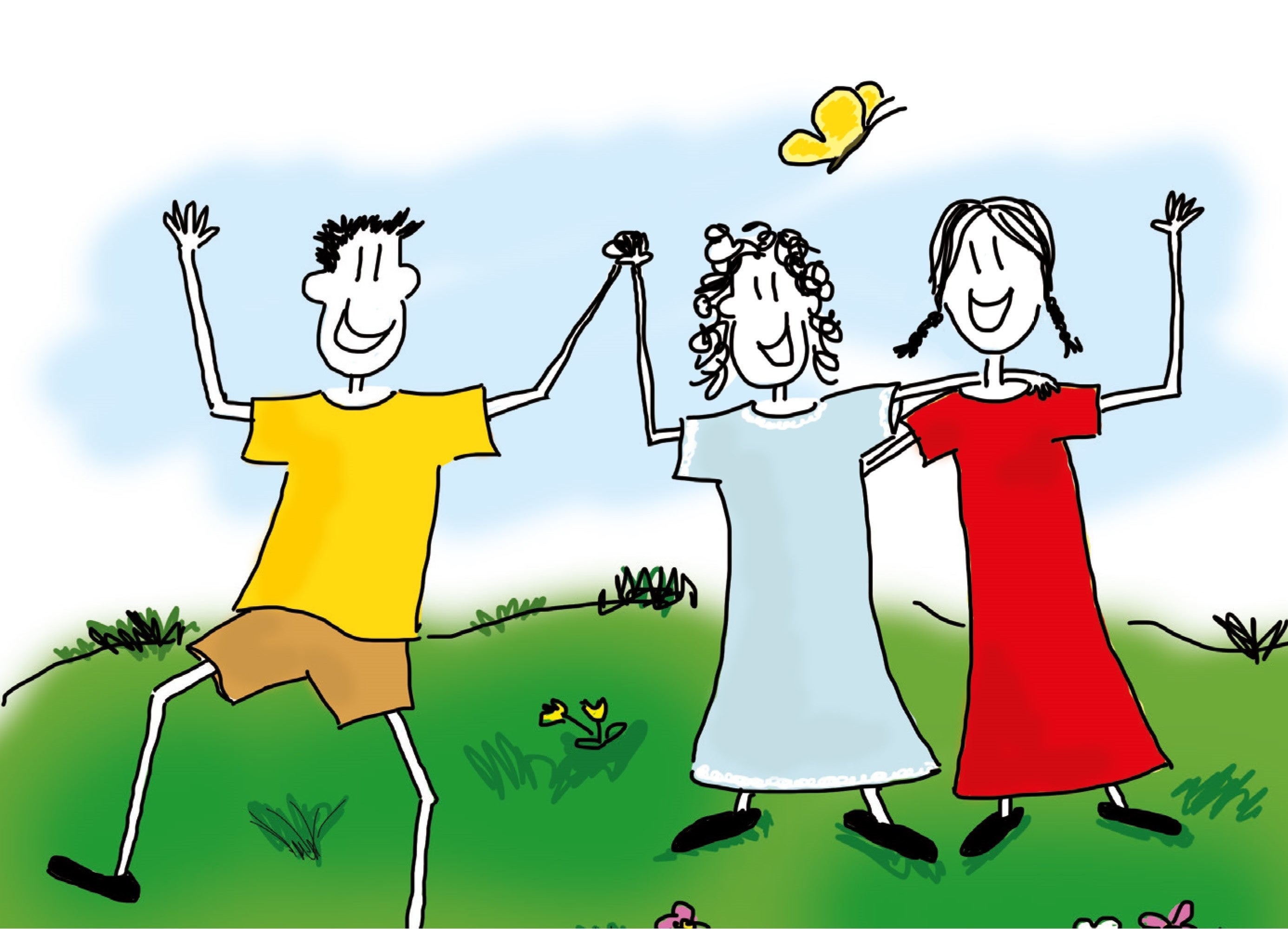 Drei Kinder tanzen auf der Wiese