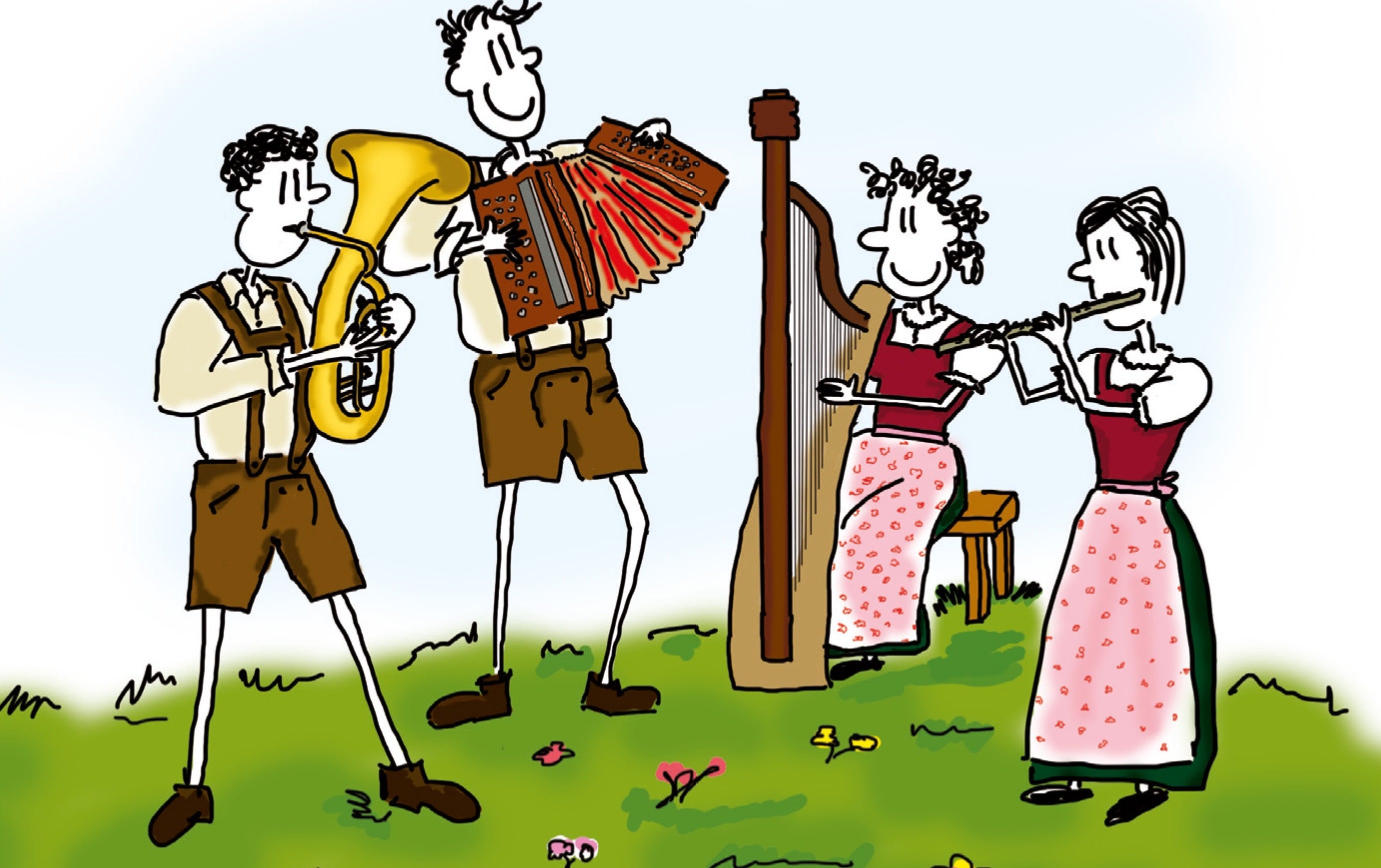 Vier Musikantinnen und Musikanten musizieren auf ihren Instrumenten.