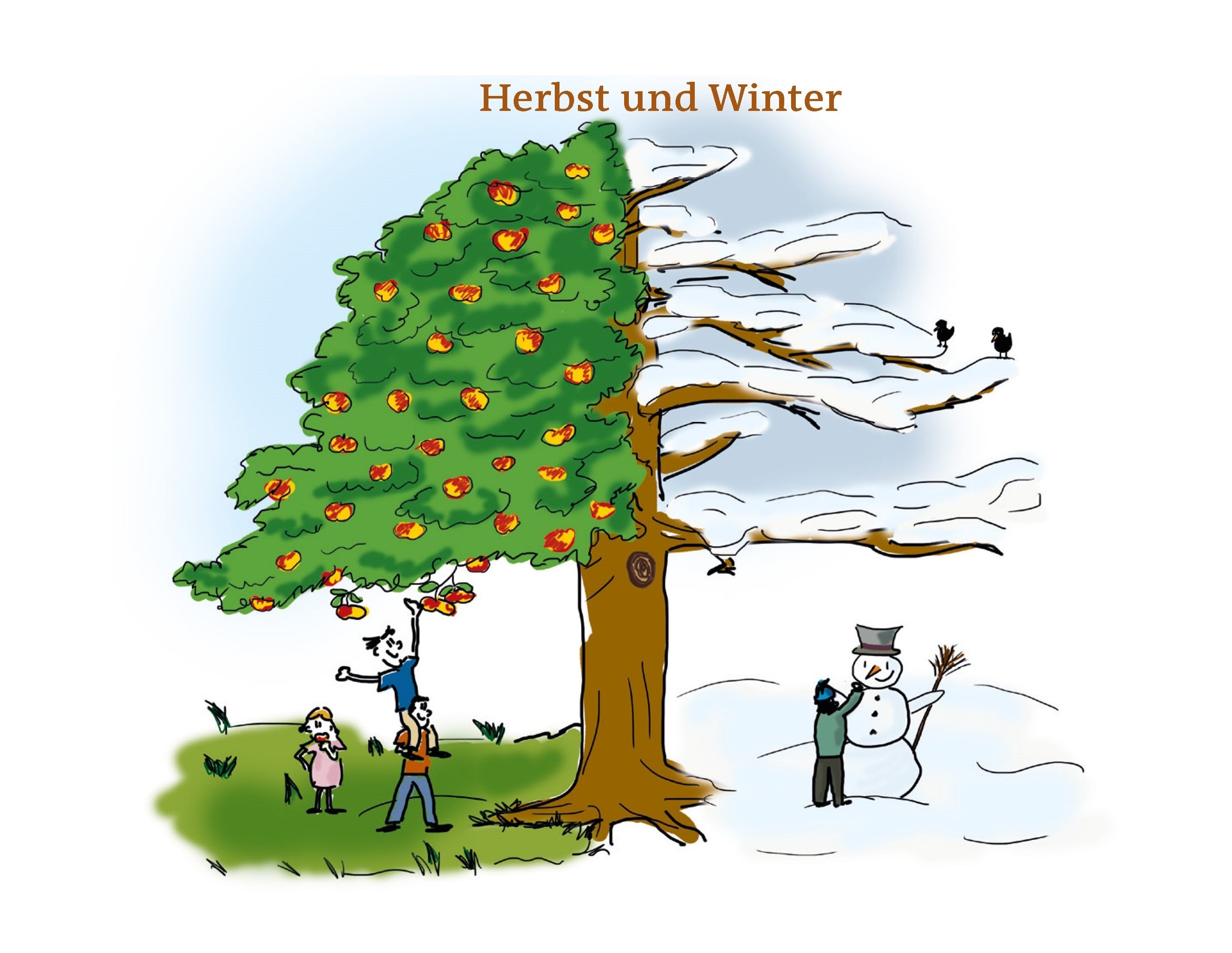 Kinder spielen unter einem Baum im Herbst und Winter