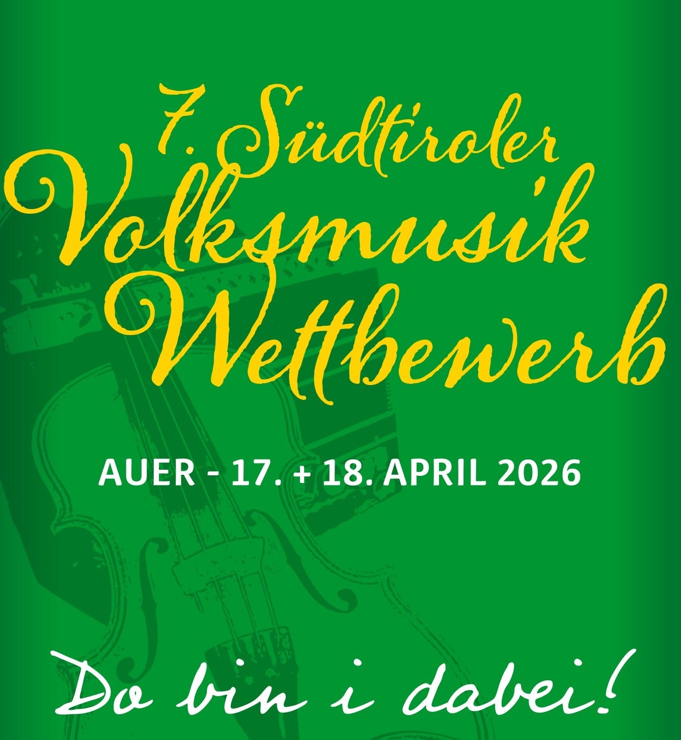 156&nbsp;junge Teilnehmerinnen und Teilnehmer haben sich zum heurigen&nbsp;Südtiroler Volksmusikwettbewerb&nbsp;angemeldet, der seit 2012 im Zwei-Jahres-Rhythmus ausgetragen wird. Die siebte Ausgabe des Wettbewerbes am 17. und 18. April in Auer steht unter dem Motto Do bin i dabei!; Veranstalter ist das Referat Volksmusik in der Landesdirektion Deutsche und ladinische Musikschule in Zusammenarbeit mit dem Südtiroler Volksmusikverein.