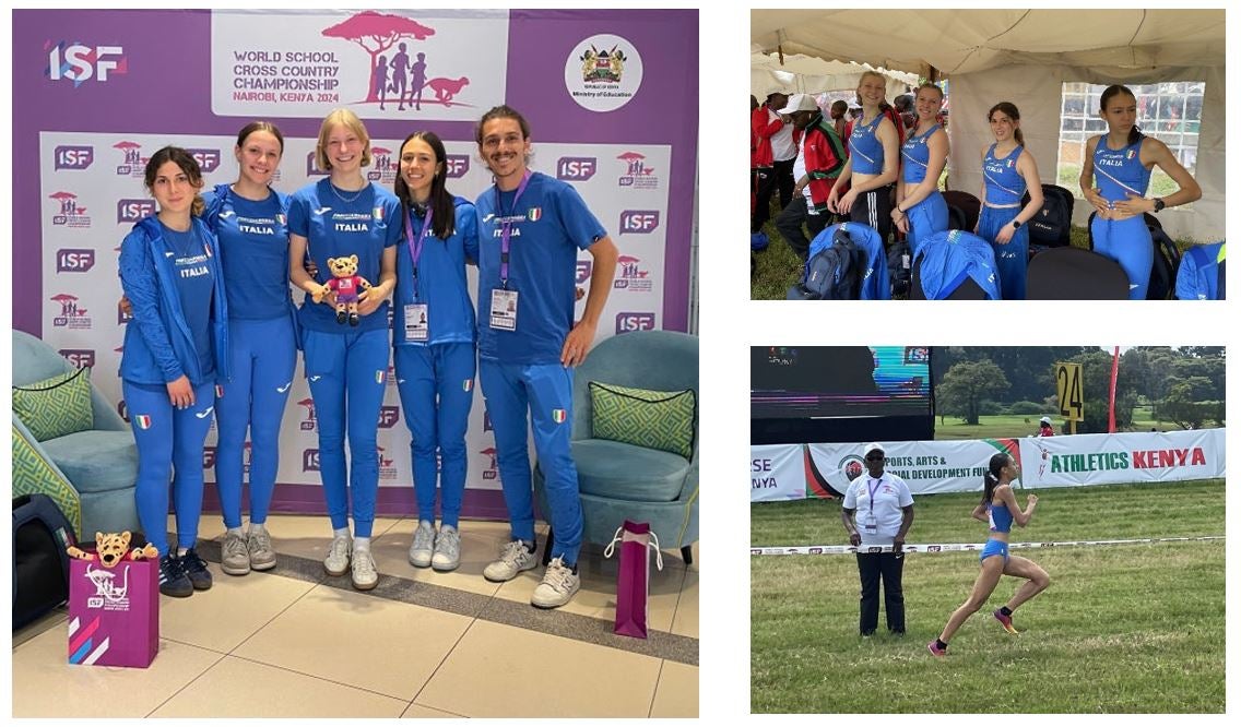 Die Südtiroler Athletinnen (v.l.) Hanna Fink, Marion Oberhofer, Julia Moser, Emma Ghirardello Pichler mit dem Trainer und Sportlehrer Christoph Holzer (Foto: LPA/Pädagogische Abteilung der Deutschen Bildungsdirektion/Astrid Ferrari)