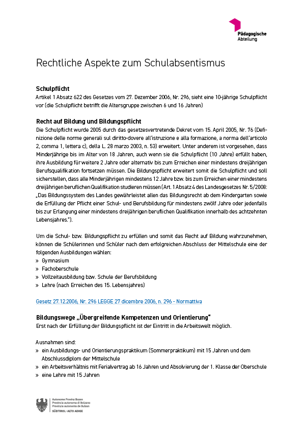 Netzwerkpartner der Bezirke und rechtliche Aspekte zum Schulabsentismus