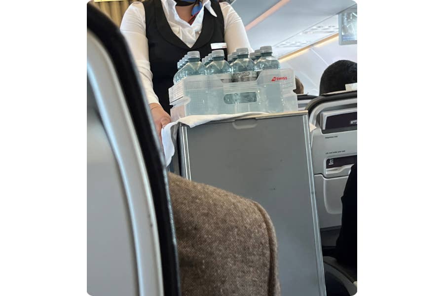 Airline water bottle hospitality. (photo credit: Kent Groves)