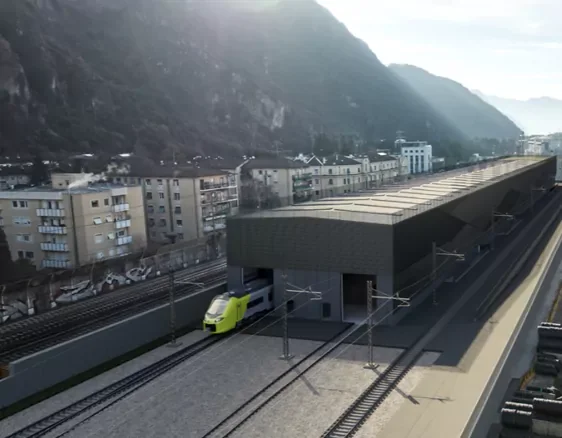 Auf dem Foto ist das Rendering des neuen Zugwartungszentrums in Bozen Süd zu sehen. Die technischen Merkmale sowie die entsprechenden Ausgaben von der Landesregierung wurden am 8. Mai genehmigt. Das Bauwerk wird südlich des Bahnhofs Bozen errichtet, an einer strategischen Position für das gesamte Eisenbahnsystem des Landes. (Quelle: LPA/ Ressort Infrastrukturen und Mobilität)