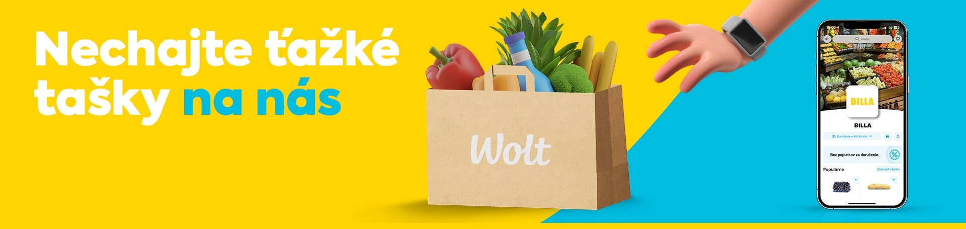 Banner Wolt taška plná nákupu a mobil s aplikáciou
