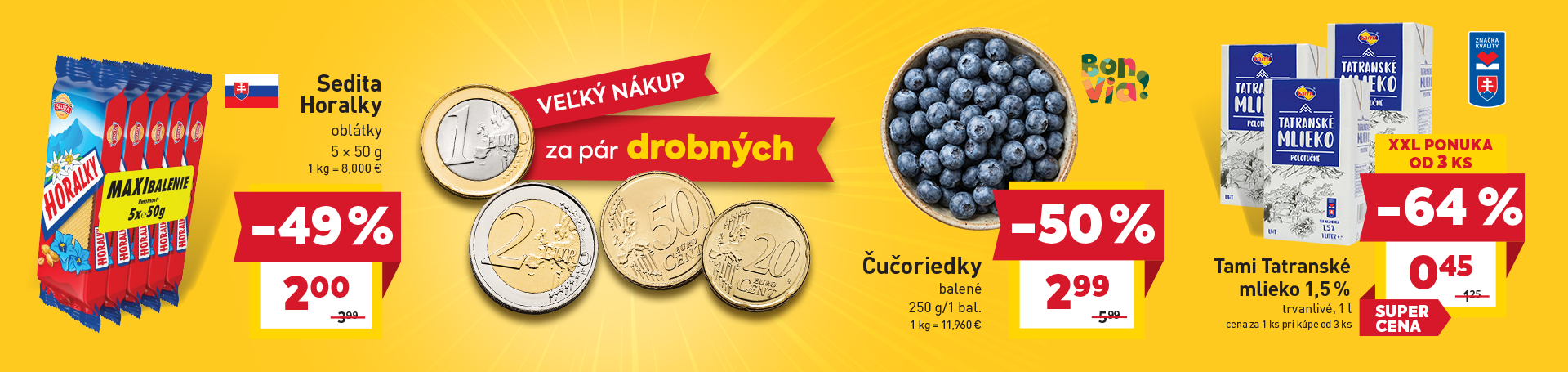 BILLA Aktuálny leták: Sedite Horalky 5 x 50 g za 2,00 eur, Čučoriedky balené 250 g za 2,99 eur, Tam Tatranské mlieko 1 l za 0,45 eur