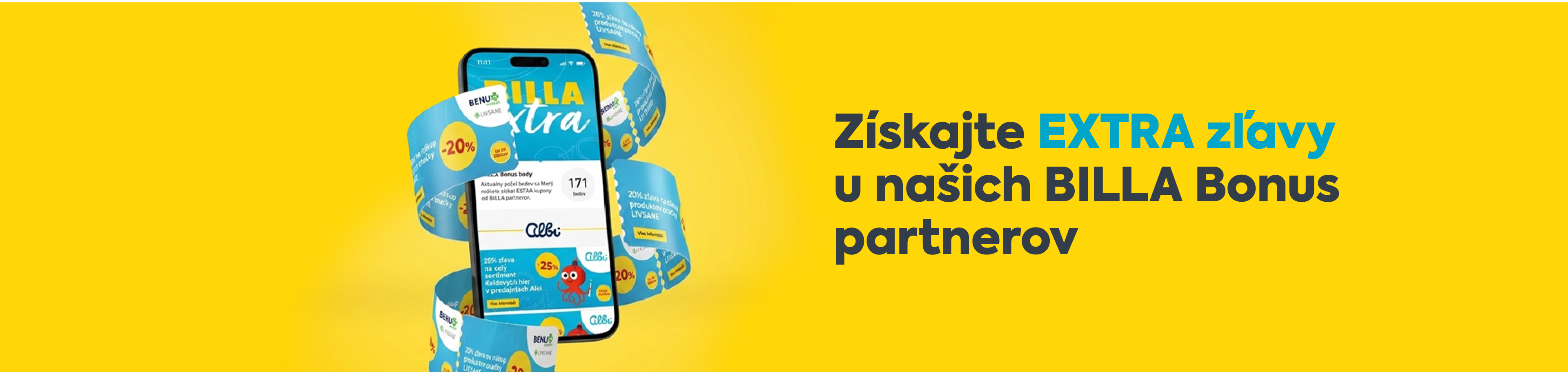 BILLA Bonus Extra banner s kupónmi a mobilom