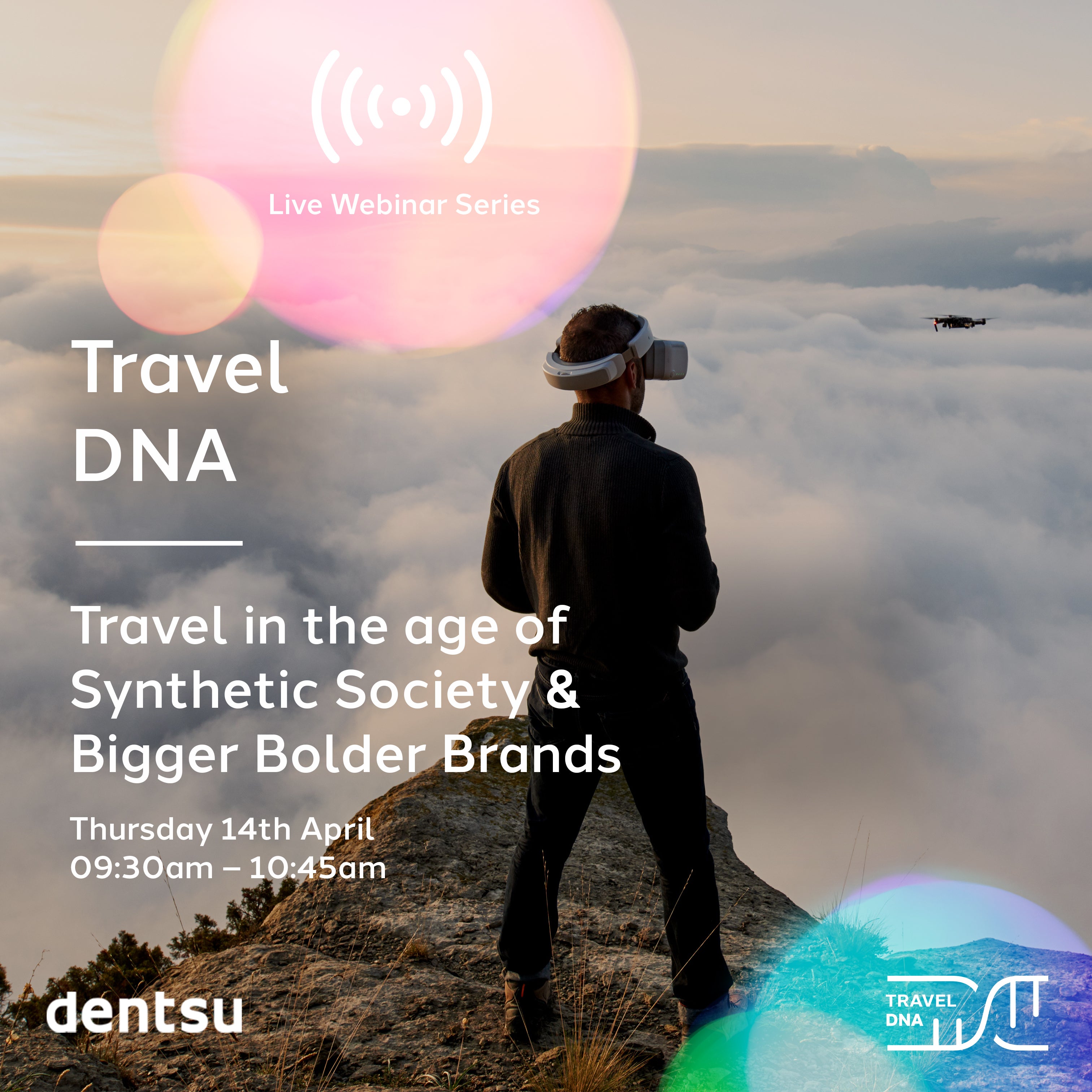 Man stands at cliff edge wearing VR headset and a drone circles