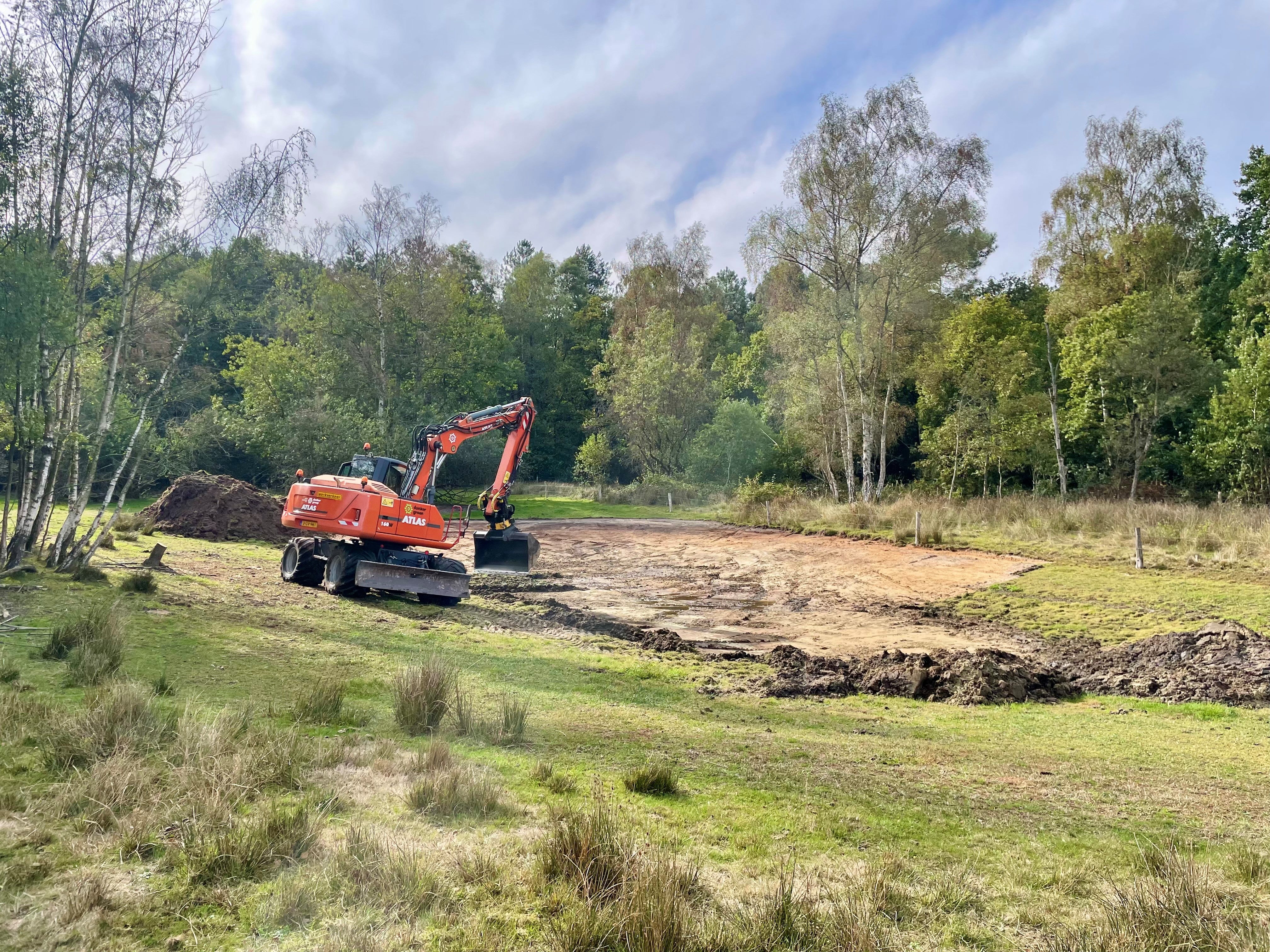 Een graafmachine verwijderd de watercrassula.