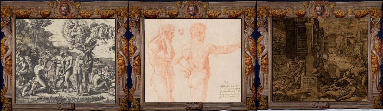 Marcantonio Raimondi da Raffaello, Il Giudizio di Paride 1513-1515, Firenze, Gabinetto dei Disegni e delle Stampe delle Gallerie degli Uffizi, (part.)
Raffaello, Tre uomini stanti (Studio per la Battaglia di Ostia), 1515, Vienna, Albertina-Museum (part.)
Marcantonio Raimondi da Raffaello, La peste di Frigia (Il morbetto), 1516 ca., Bologna, Pinacoteca Nazionale