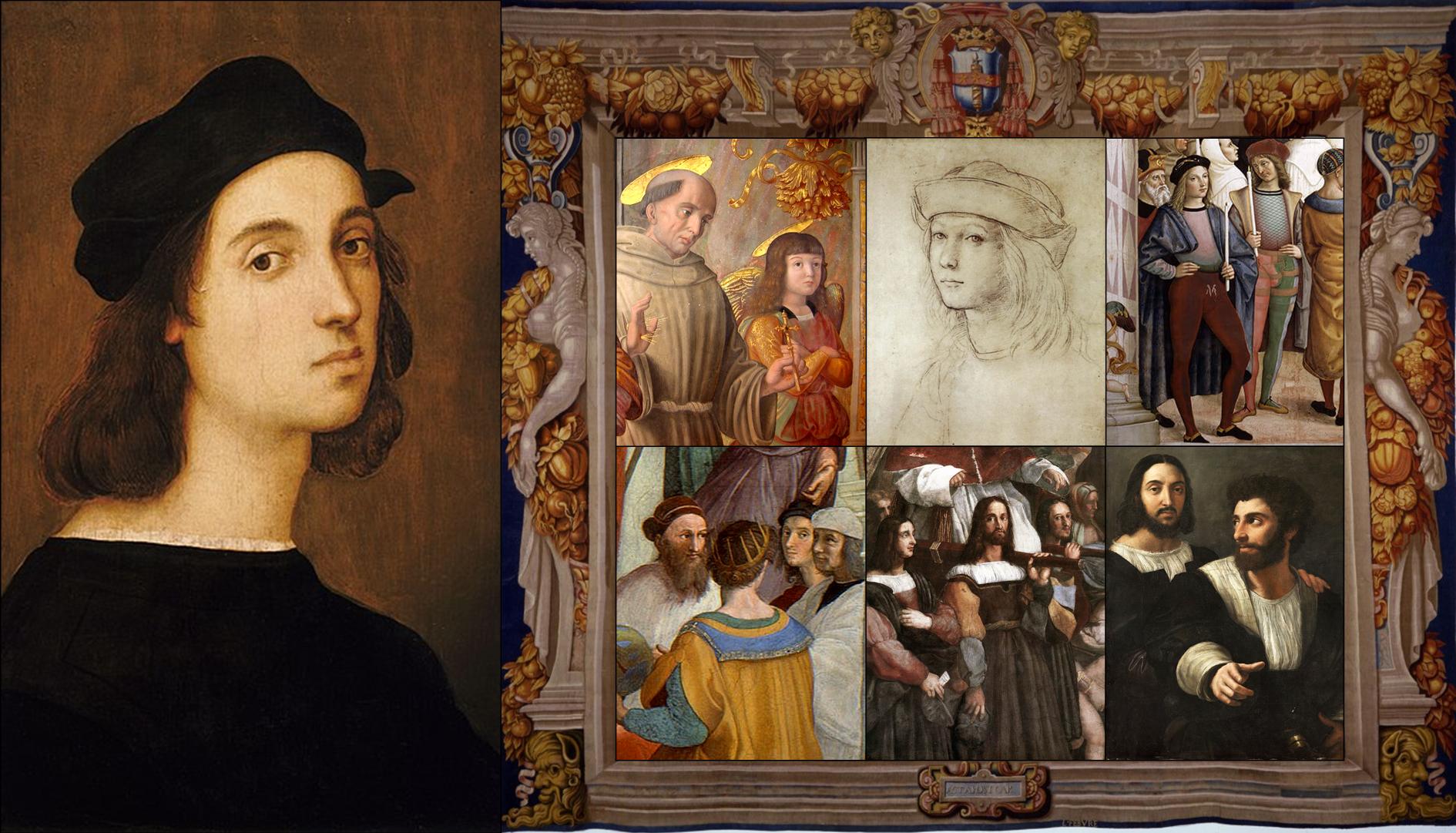 Raffaello Sanzio, Autoritratto 1506 ca., Firenze, Galleria degli Uffizi
Giovanni Santi, Cappella Tiranni, Sacra conversazione 1490 ca., Cagli, chiesa di San Domenico, (part.)
Raffaello Sanzio, Ritratto di giovane (Autoritratto?) 1499 ca., Oxford, Ashmolean Museum
Pinturicchio, Canonizzazione di Santa Caterina da Siena 1502-1507, Siena, Libreria Piccolomini, (part.)
Raffaello Sanzio, Stanza della Segnatura, Scuola di Atene, 1509-1510, Città del Vaticano, Musei Vaticani, (part.)
Raffaello Sanzio, Stanza di Eliodoro, Cacciata di Eliodoro, Città del Vaticano, Musei Vaticani,  (part.)
Raffaello Sanzio, Autoritratto con un amico 1518 ca., Parigi, Museo del Louvre