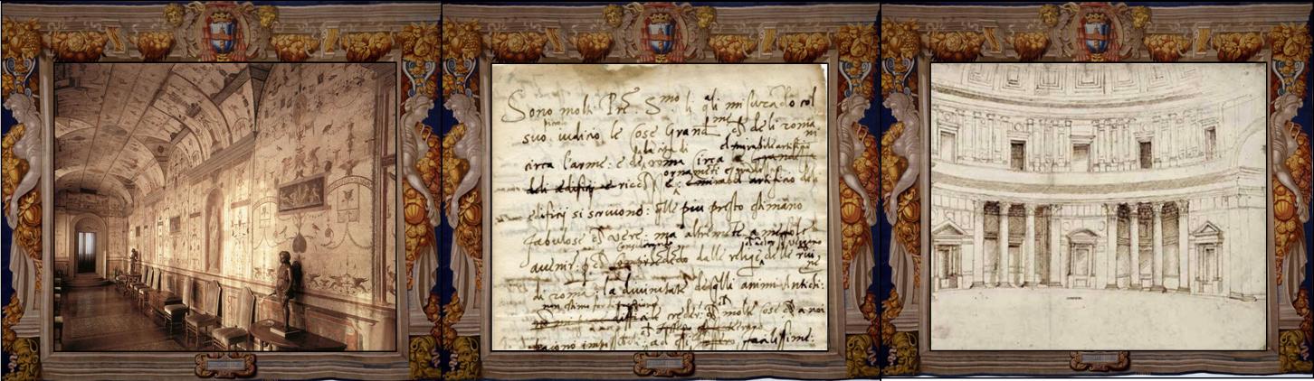 Loggetta del Cardinal Bibbiena, Città del Vaticano, Palazzo Apostolico, part.
Raffaello e Baldassarre Castiglione, Lettera a papa Leone X s.d. [1519], Mantova, Archivio di Stato, Archivio Castiglioni, part.
Raffaello Sanzio, Veduta interna del Pantheon, Firenze, Gabinetto dei Disegni e delle Stampe delle Gallerie degli Uffizi, part.